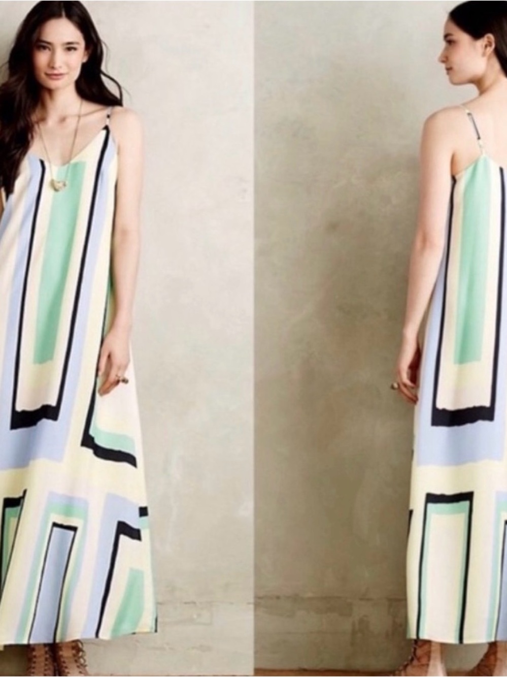 Maeve Striped Geometric Maxi Dress in Mint, Pastel Blue & Cream